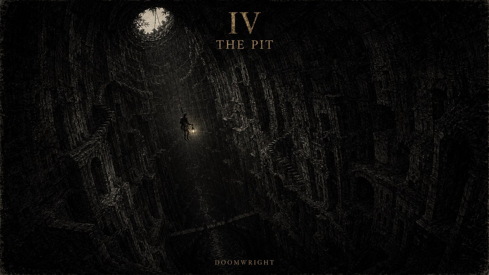 Title card — A lone figure with a lantern descending on a rope into a vast subterranean pit, captioned 'IV · The Pit'