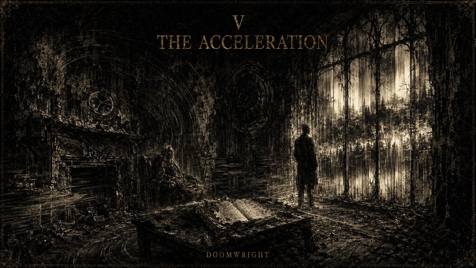 Title card — A figure at a great window as time blurs, a clock and a decaying room around him, captioned 'V · The Acceleration'