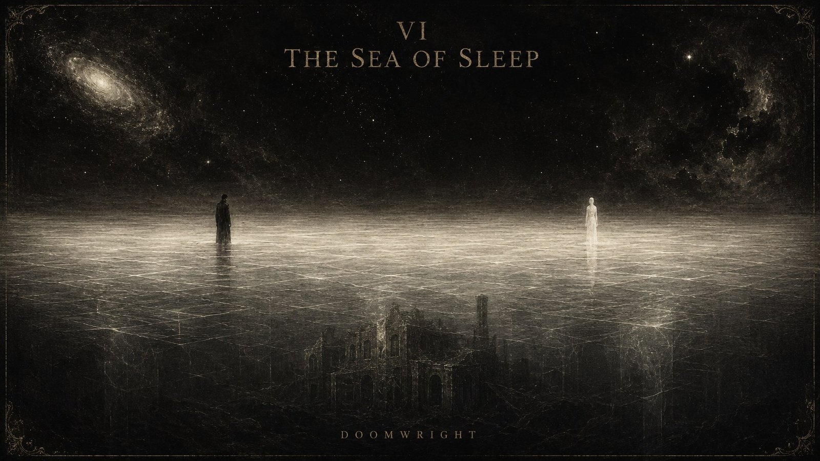 Title card — Two distant figures standing on a luminous plain beneath vast galaxies, captioned 'VI · The Sea of Sleep'