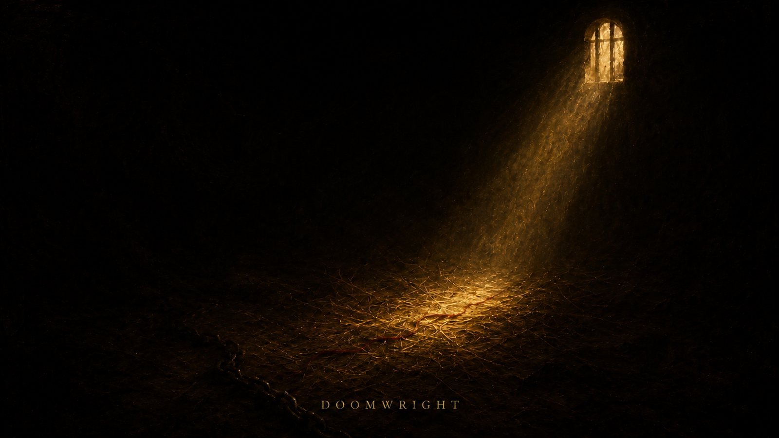 A dark dungeon cell with a barred window, a shaft of light and a chain on the floor