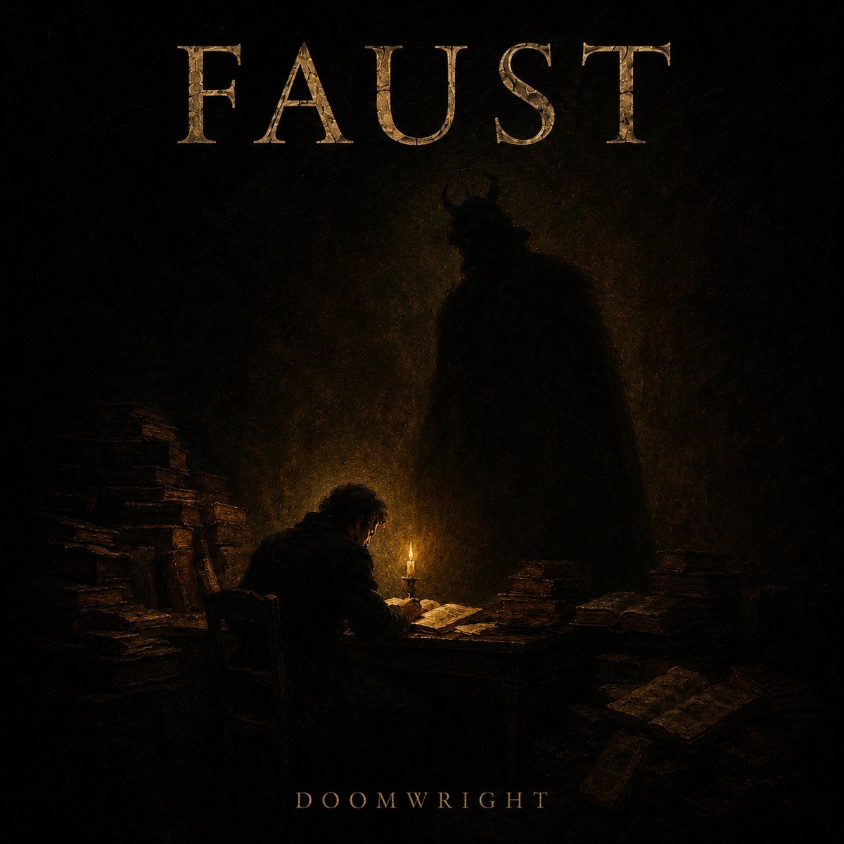 FAUST album cover — a scholar at a candlelit desk beneath the looming horned shadow of the Devil