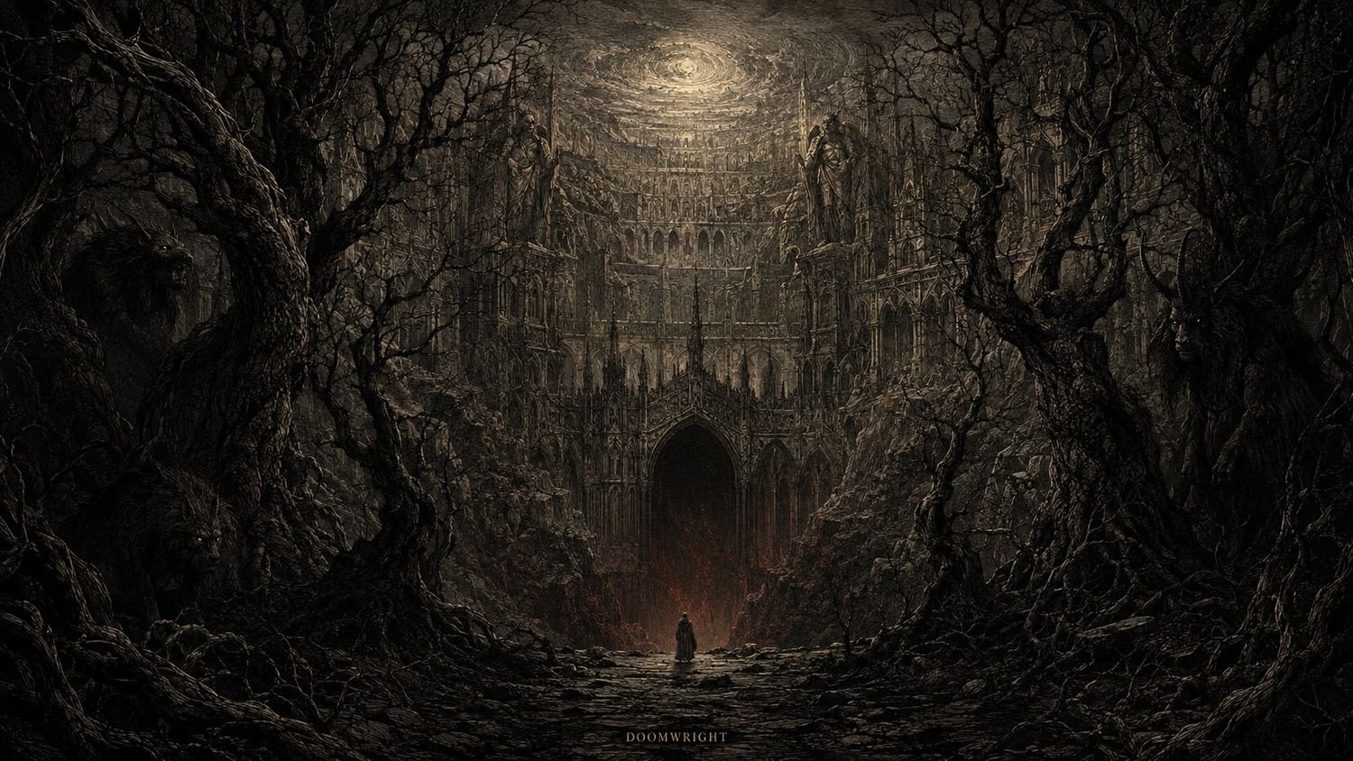Illumination — a lone figure lost in a black wood of gnarled trees before a distant infernal cathedral, captioned ‘I · The Dark Wood’
