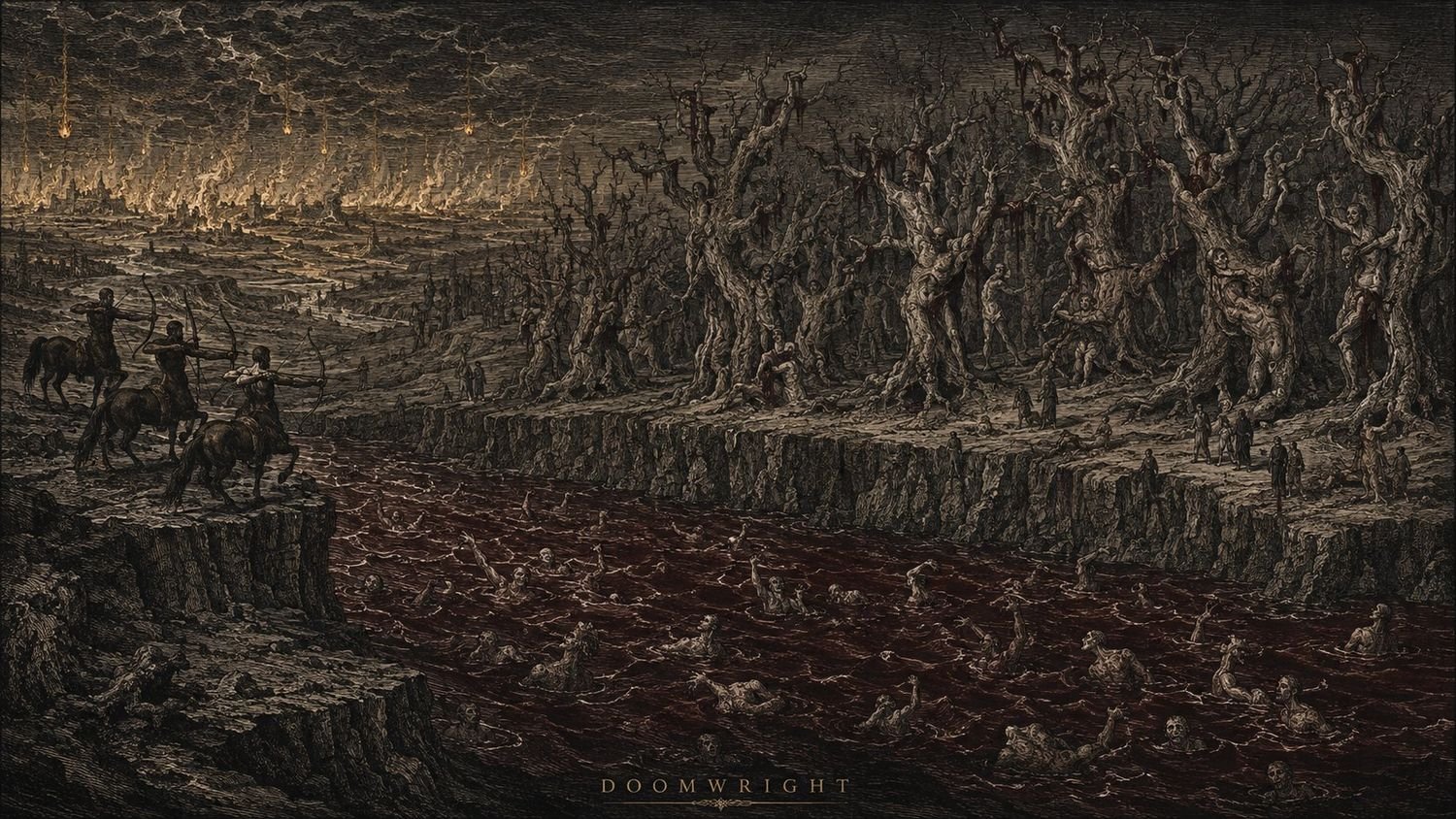 Illumination — the river of blood and the bleeding wood, centaur archers on the far shore, captioned ‘VIII · The River Of Blood’