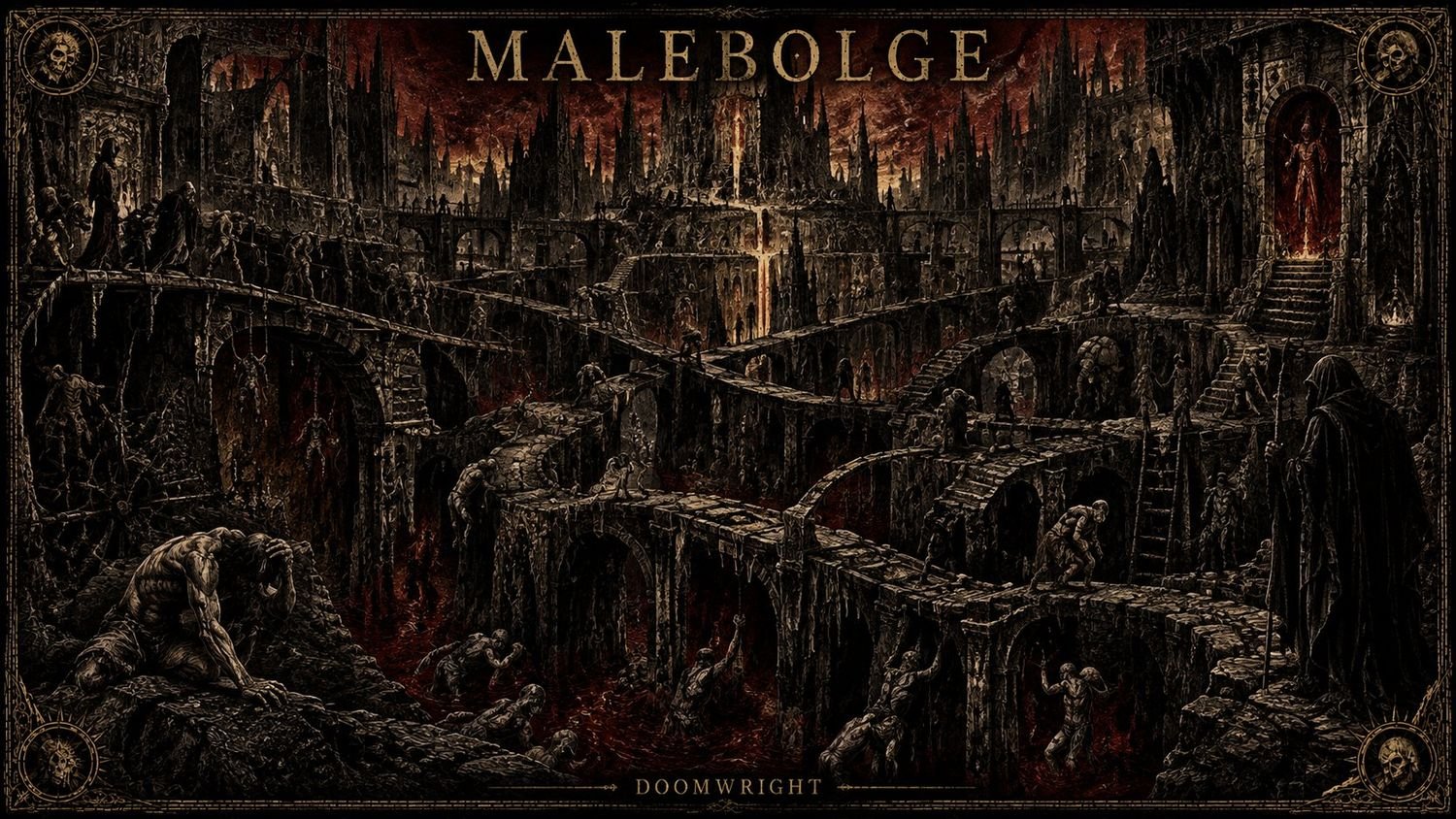 Illumination — the ten stone ditches of Malebolge, bridges crossing the pits of the fraudulent, captioned ‘IX · Malebolge’