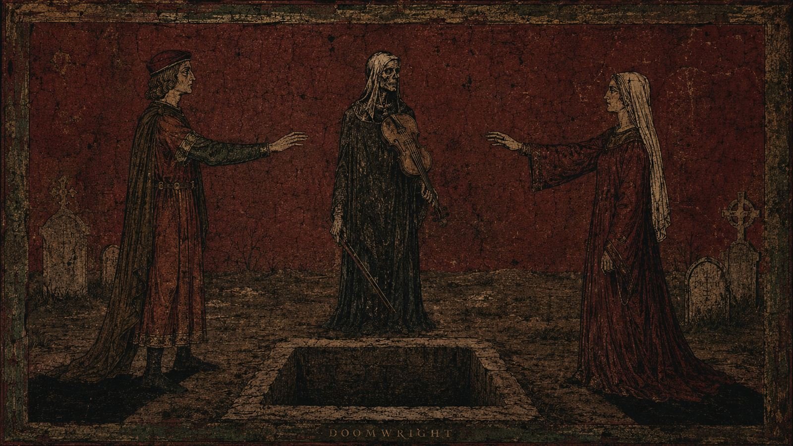 Two lovers reaching toward each other across an open grave, Death standing between them with a violin