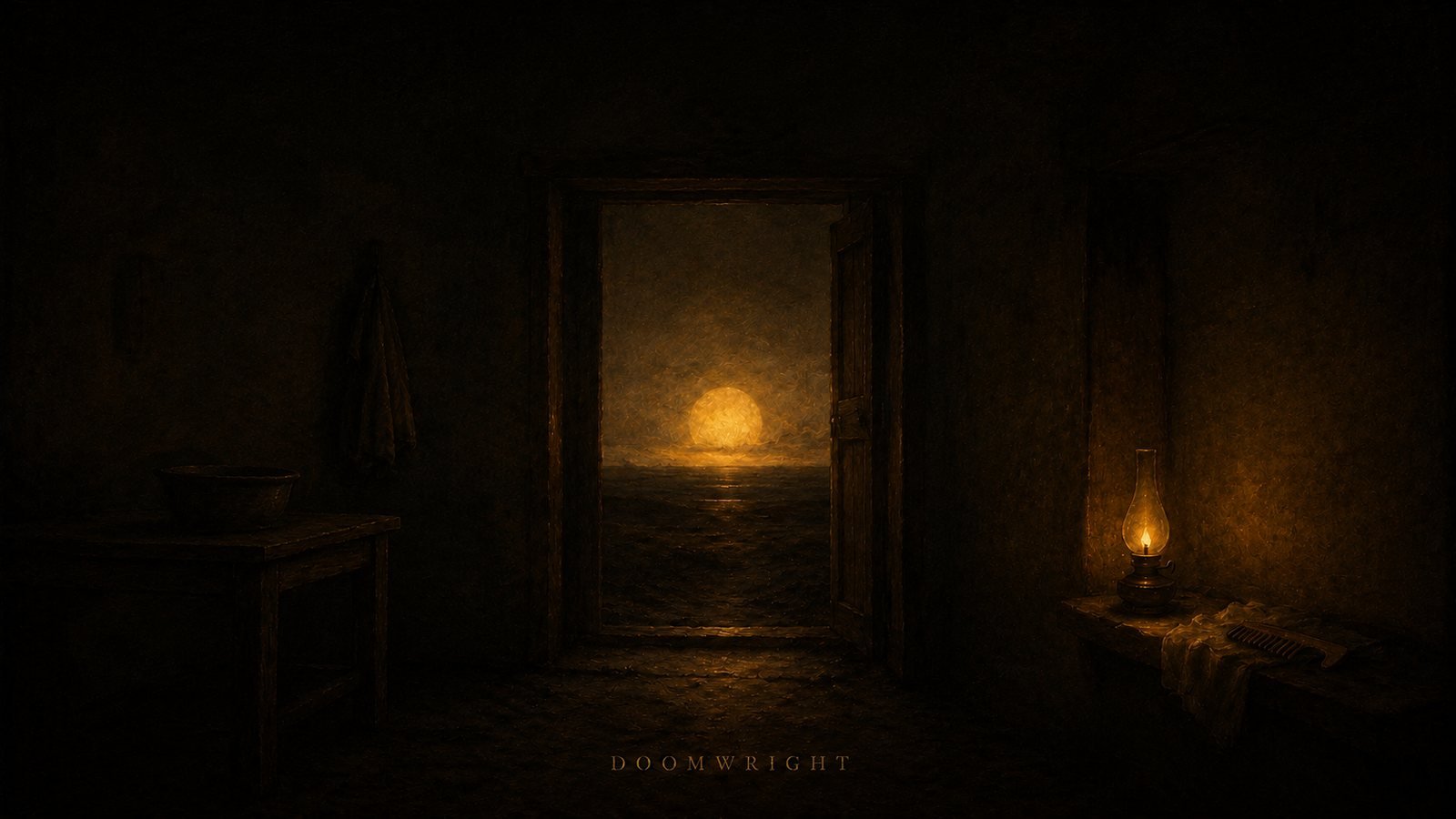 A humble room with a washbasin and a comb, a door open to the sea and setting sun, a lamp burning