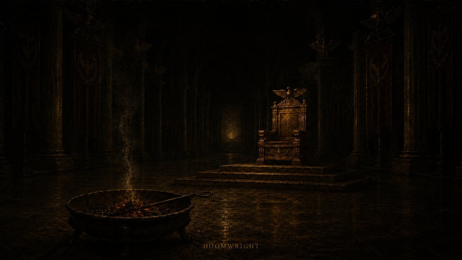 An imperial throne room with a golden eagle throne and a brazier holding a hot iron