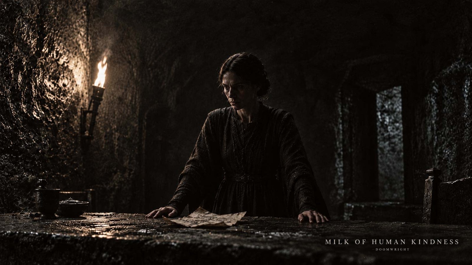 Title card — Lady Macbeth reading a letter by candlelight, a crown waiting in shadow, captioned 'II · Milk Of Human Kindness'