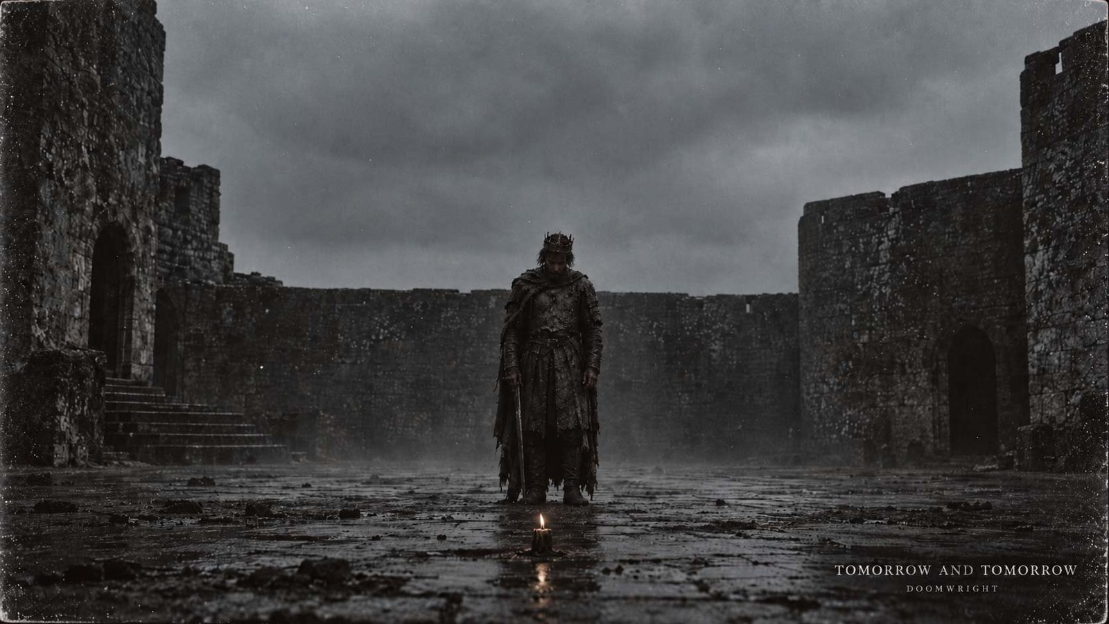 Title card — a hollow-eyed king before a guttering candle in an empty hall, captioned 'IX · Tomorrow And Tomorrow'