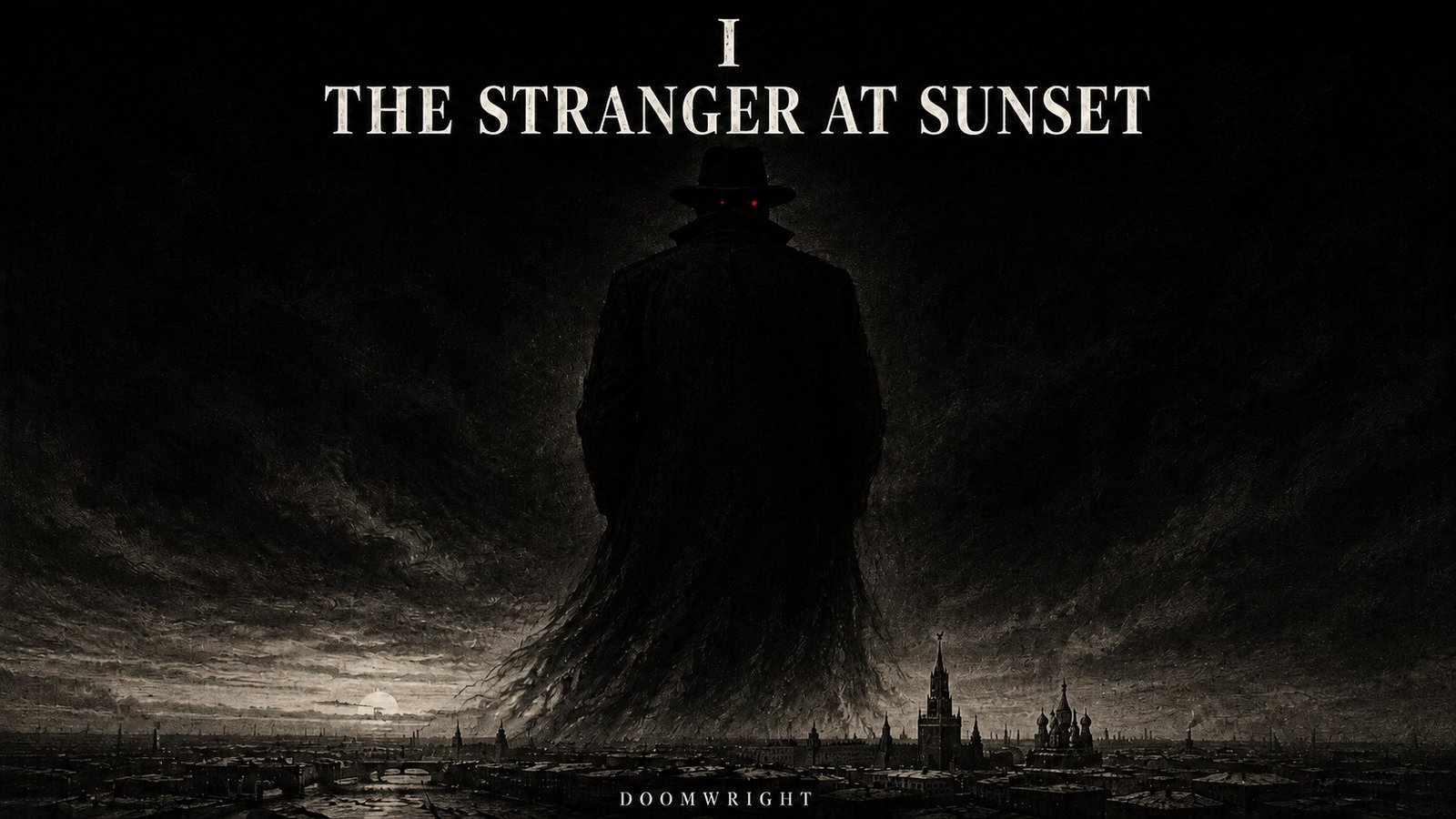 Title card — A vast dark-coated figure with red eyes looming over night-time Moscow, captioned 'I · The Stranger at Sunset'