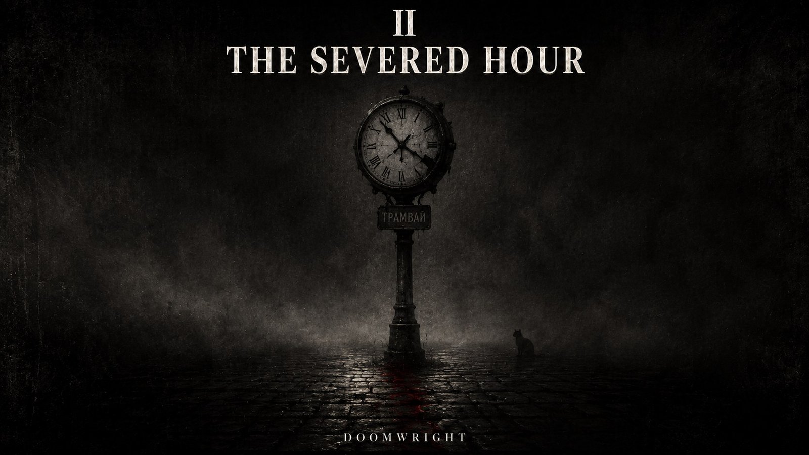 Title card — A lone street clock with a tram sign and a black cat on wet cobblestones, captioned 'II · The Severed Hour'