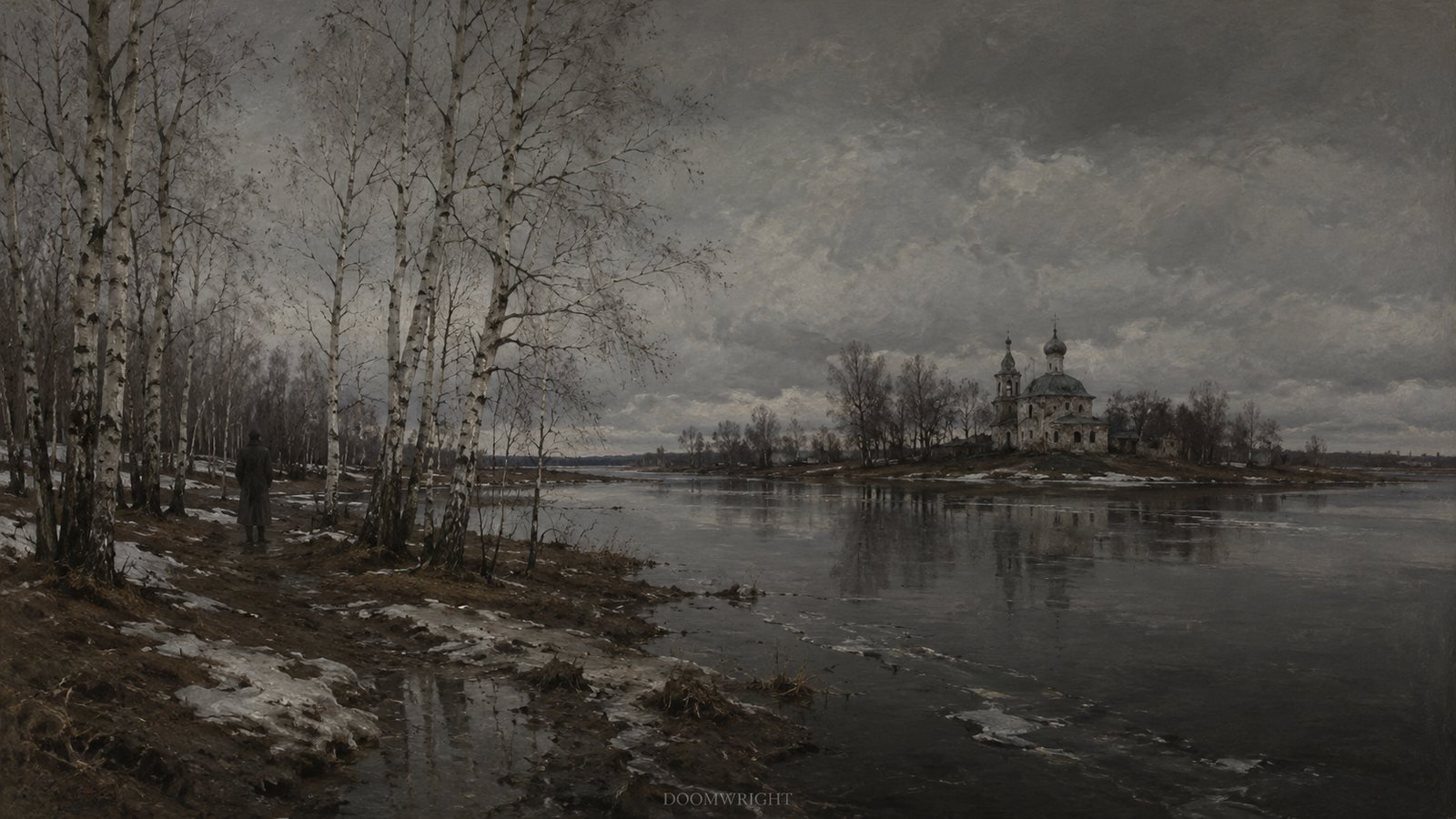 A lone figure among bare birches on the bank of a thawing river at dusk