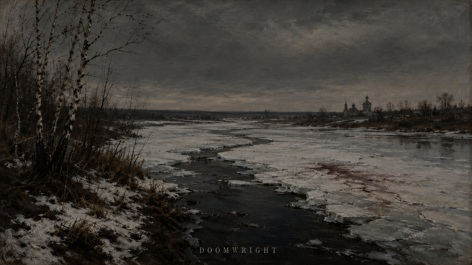 Ice floes on a dark river stained with blood, a church in the distance