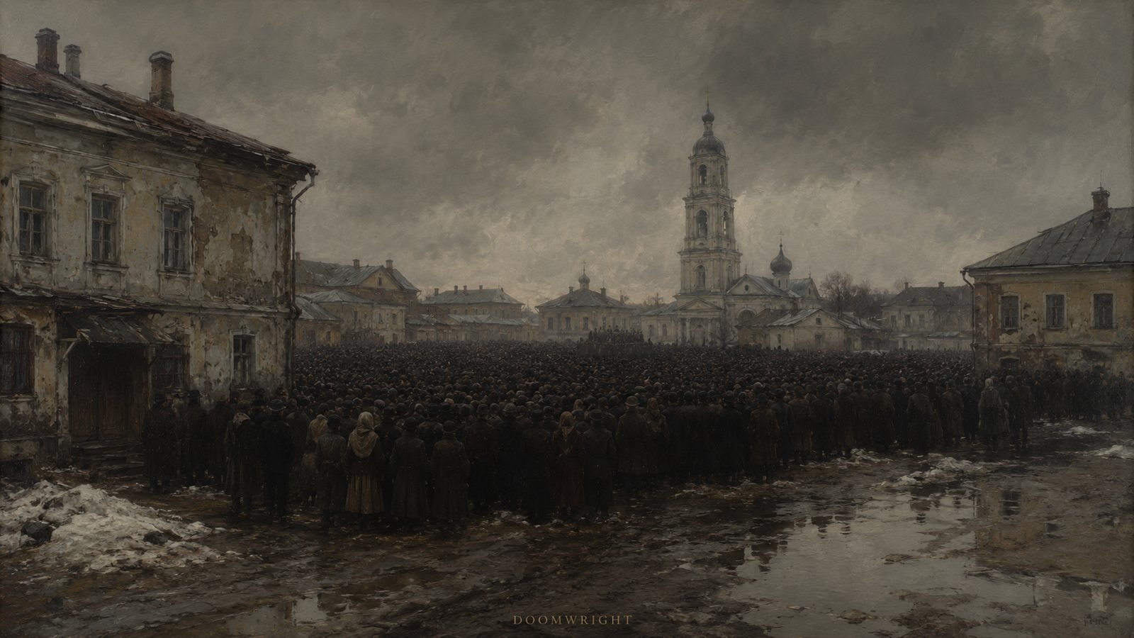 A vast crowd massed in a provincial Russian town square before a cathedral