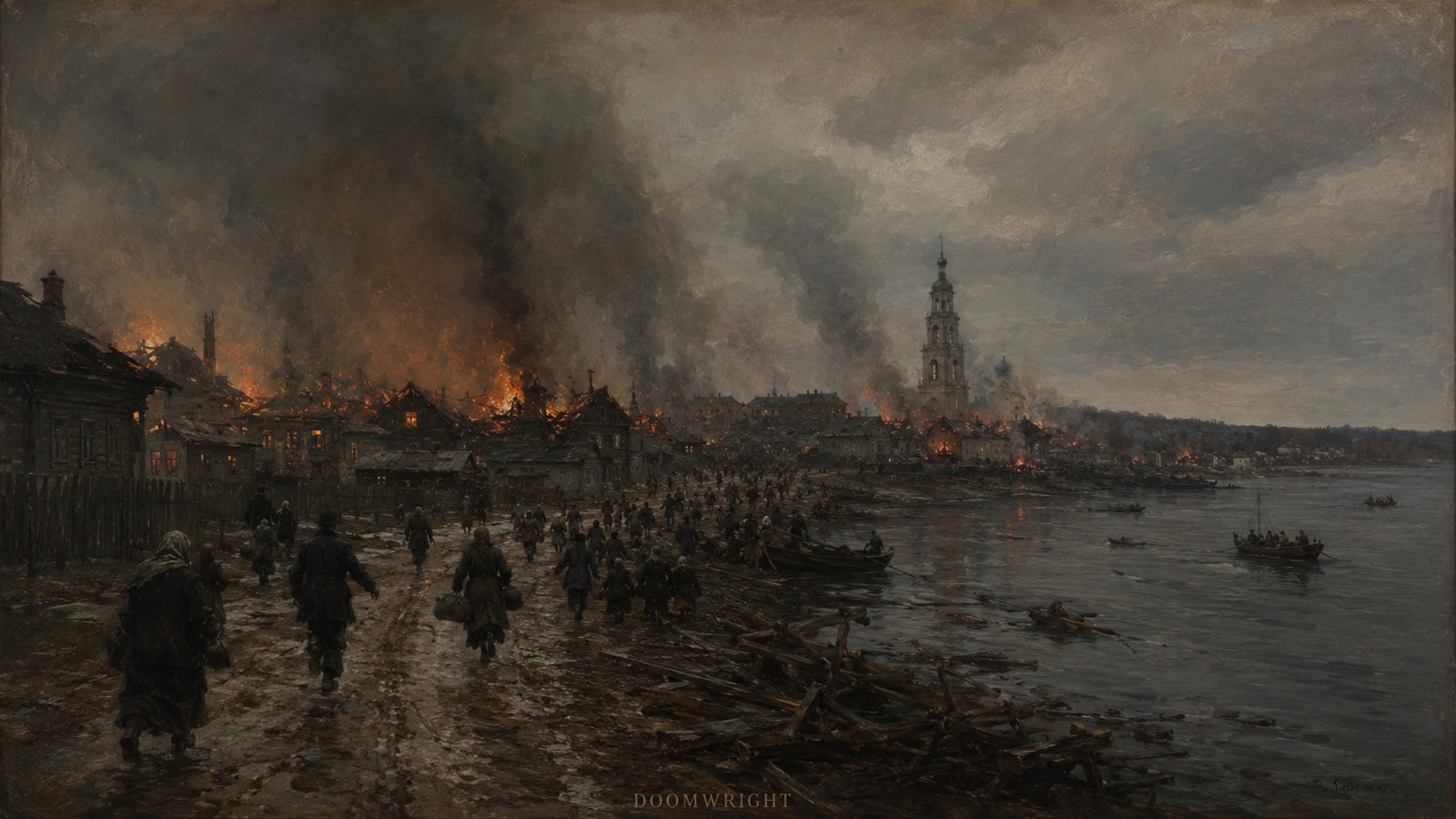 A burning riverside town at night, crowds fleeing toward boats on the water