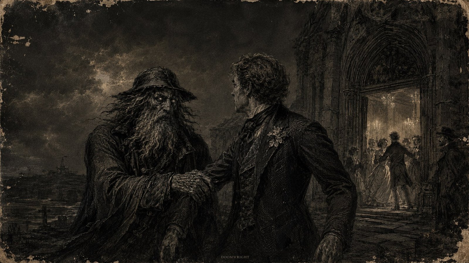 An old sea-worn mariner gripping a young wedding guest by the hand outside a lit cathedral, a wedding party glowing within, rendered as a salt-damaged Doré engraving
