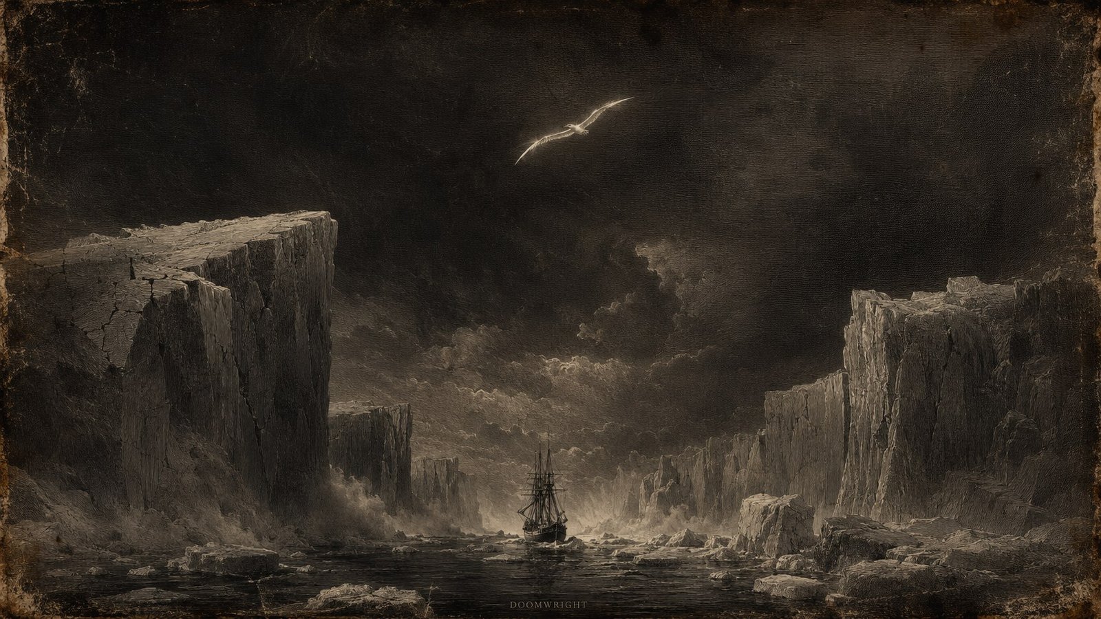 A small ship in a channel of towering ice cliffs, a single luminous albatross gliding over it, as a sea-corroded engraving