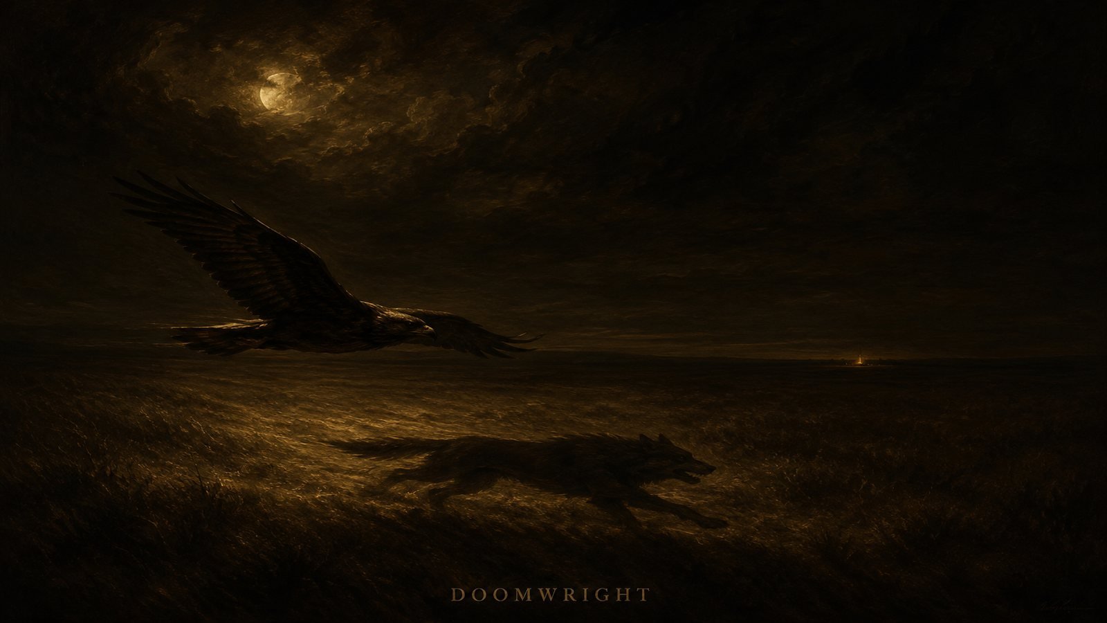A falcon in flight above a grey wolf running across the moonlit steppe