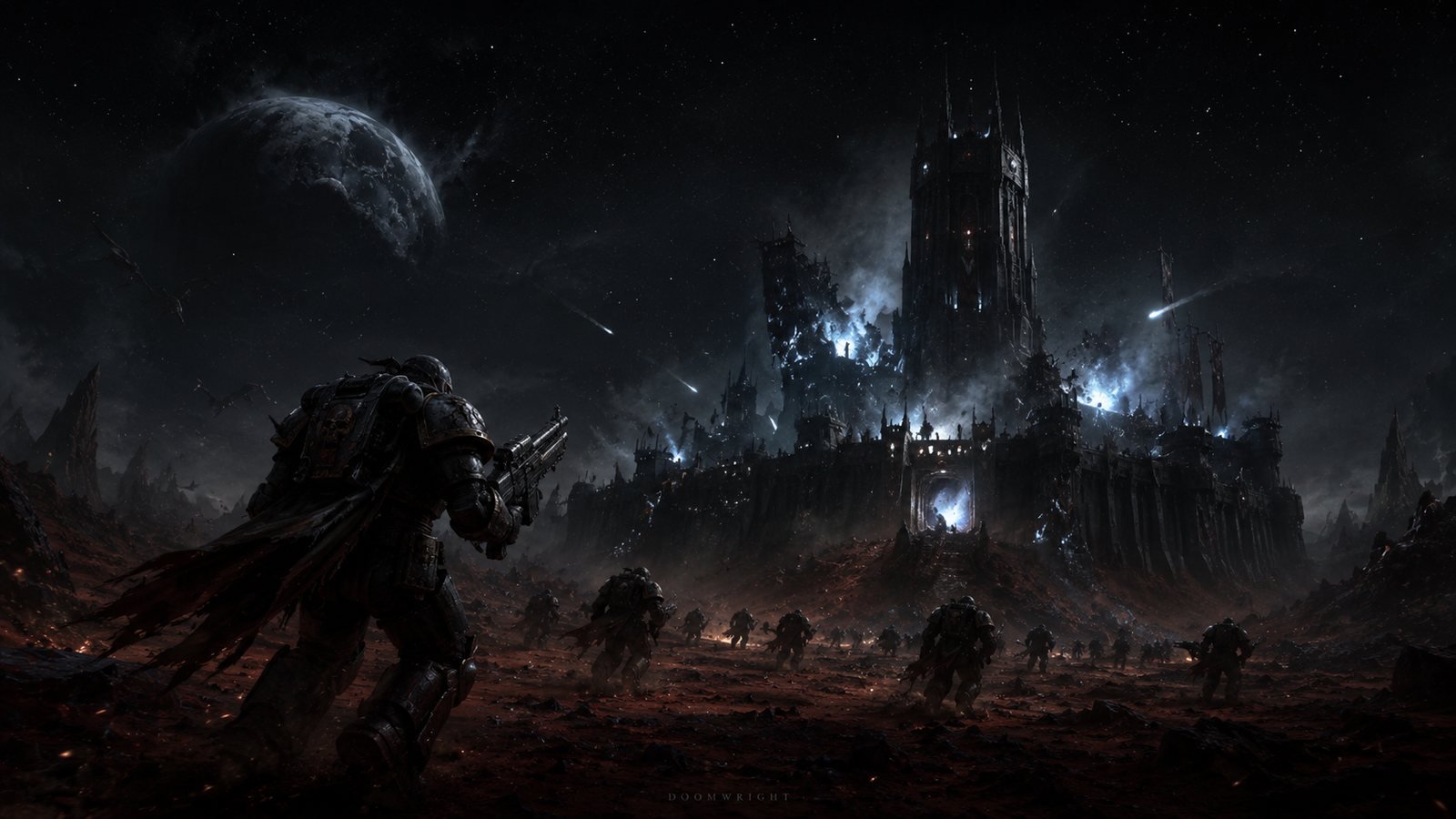 An armored soldier advancing on a dark fortress-world under a broken moon and falling fire