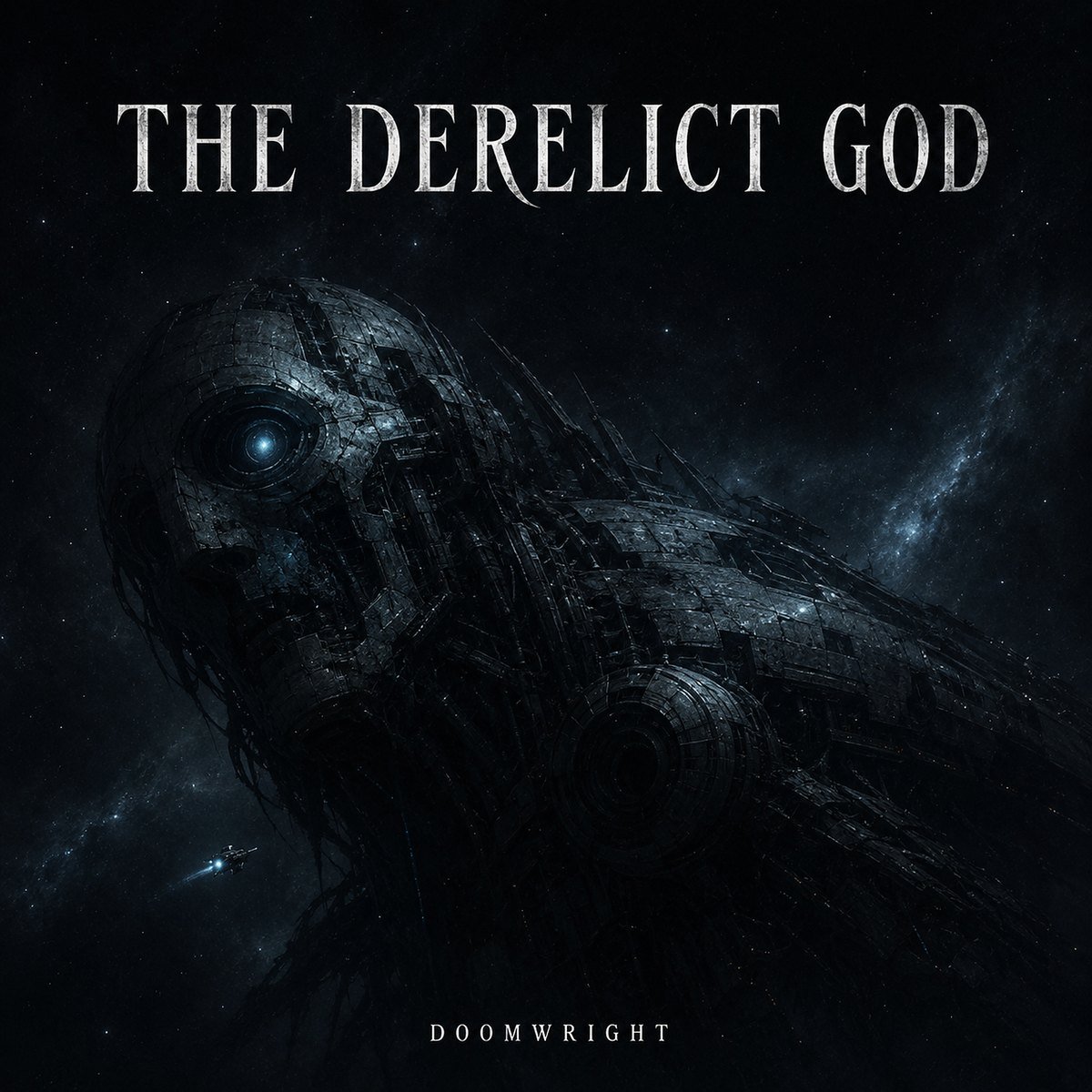 THE DERELICT GOD — album cover, a vast derelict machine-intelligence resolving out of deep space