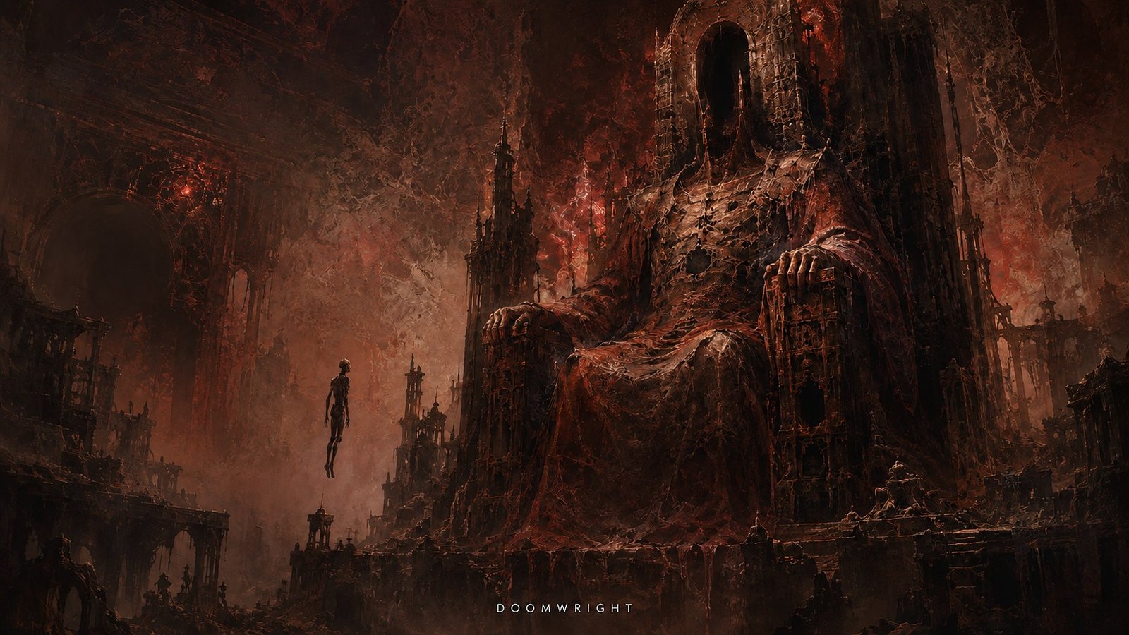 A colossal faceless enthroned figure with a small soul suspended before it in a ruined hall