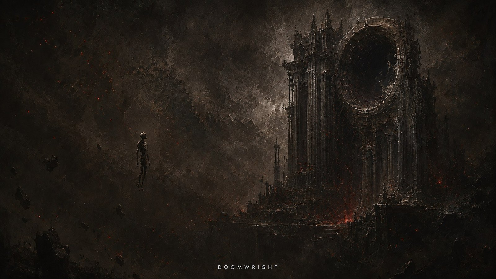 A lone skeletal soul floating in a vast dark void beside a towering gothic gate, red embers drifting
