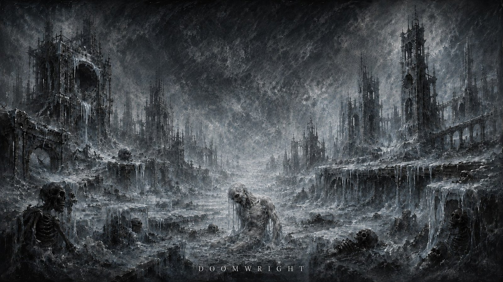 A frozen grey wasteland of icy ruins and skeletons with an emaciated figure crawling through the frost