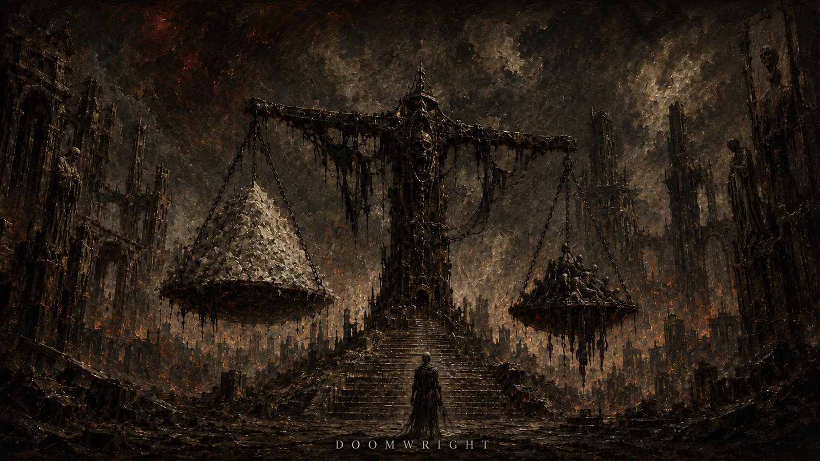 A colossal balance scale weighing a heap against a mass of bodies, a soul ascending the steps toward it