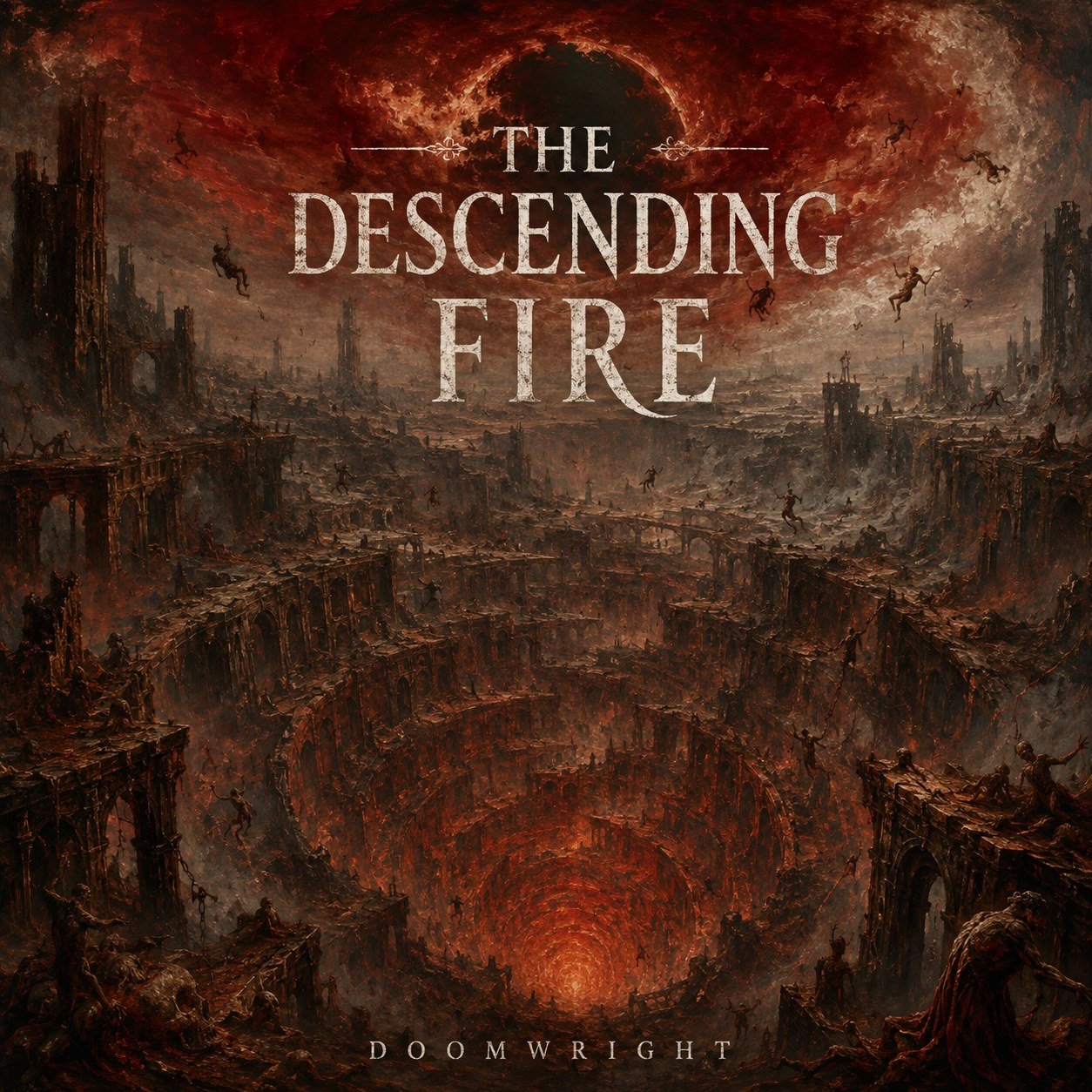 THE DESCENDING FIRE — album cover, a vast hellish pit of ruined tiers descending into a glowing red abyss with tiny falling figures, in dark red oil
