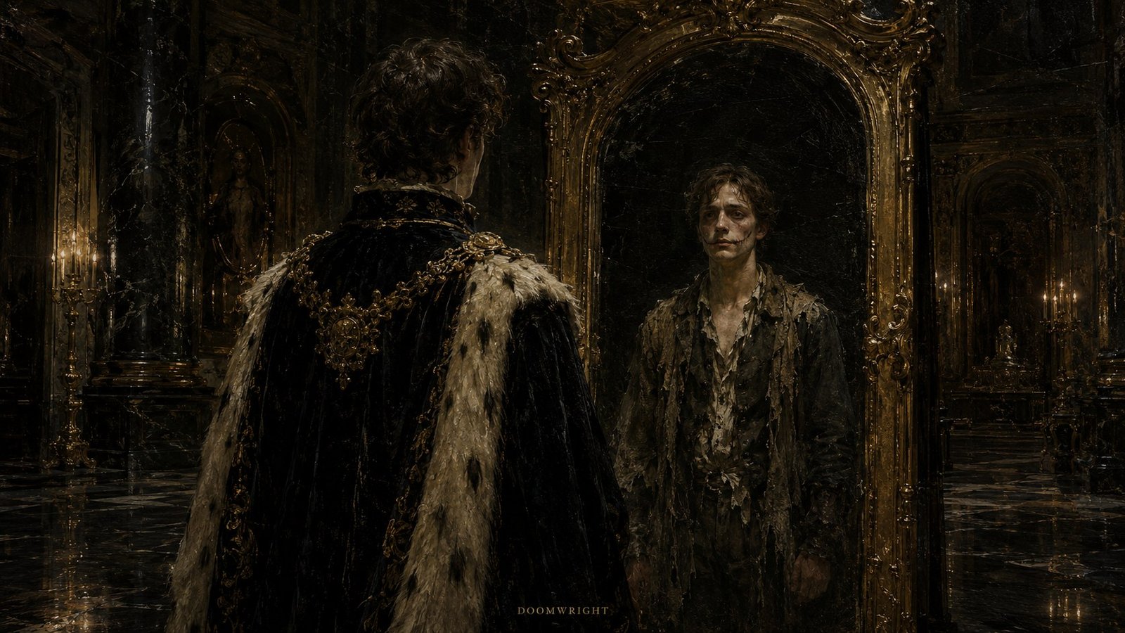 A figure in an ermine robe facing a gilt mirror that reflects him ragged and scarred, in a dark opulent hall