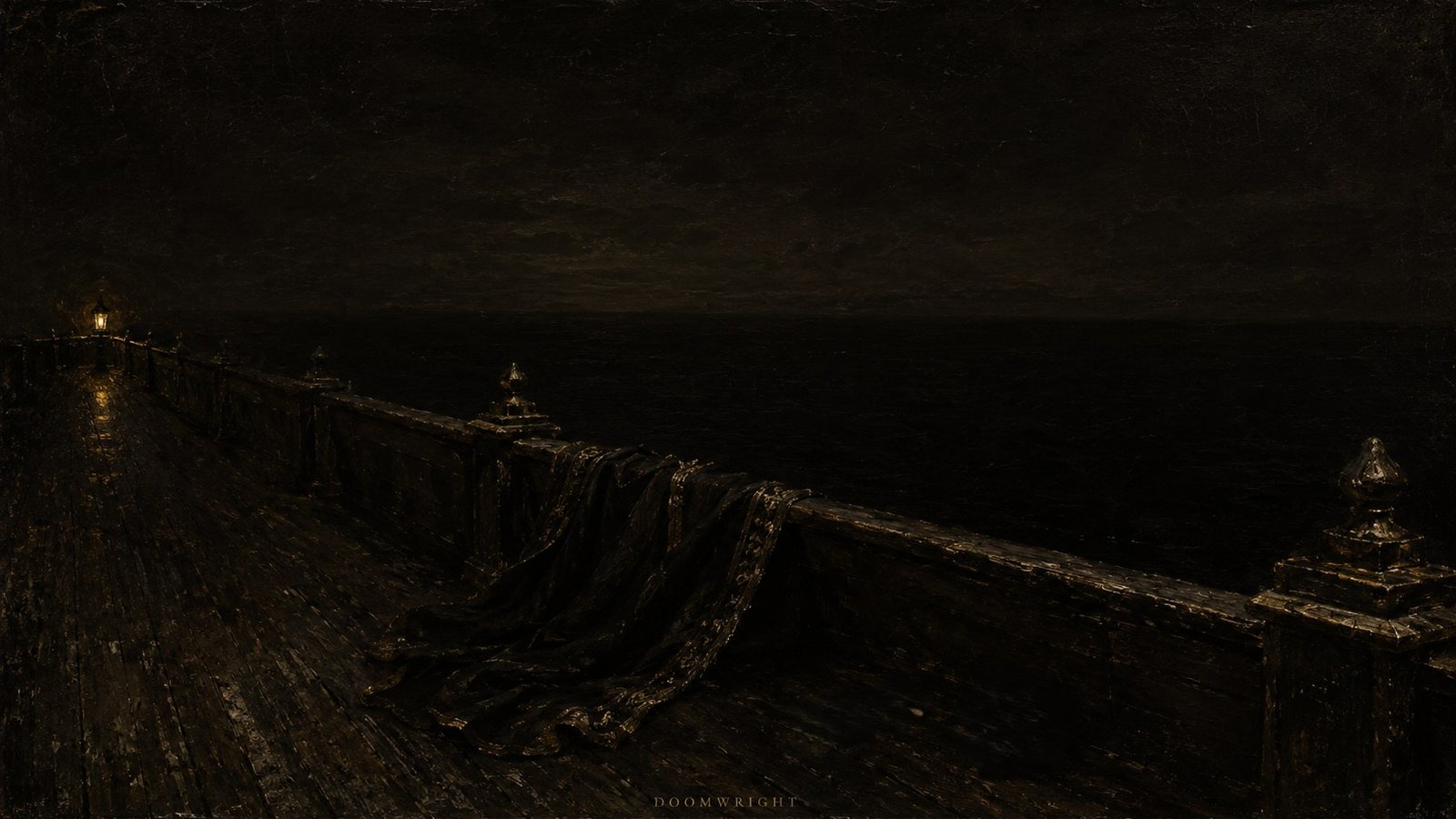 A dark night pier by the sea with a lit lantern and a cloak left draped over the railing, still black water beyond