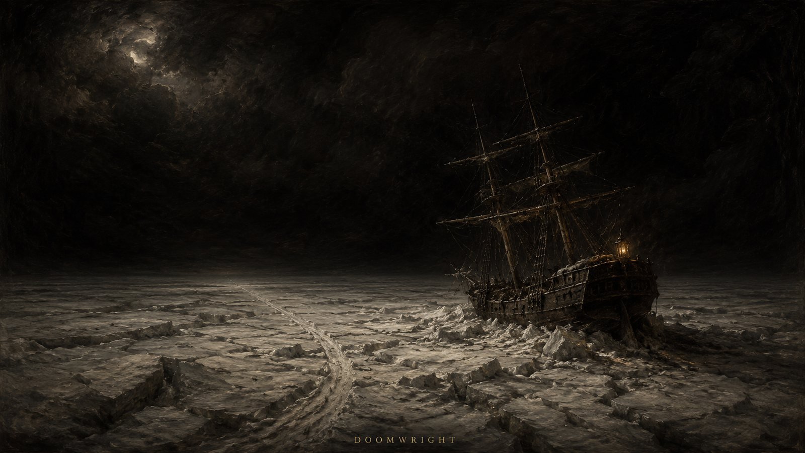 A ship locked in arctic pack ice with a lone sledge track under a clouded moon