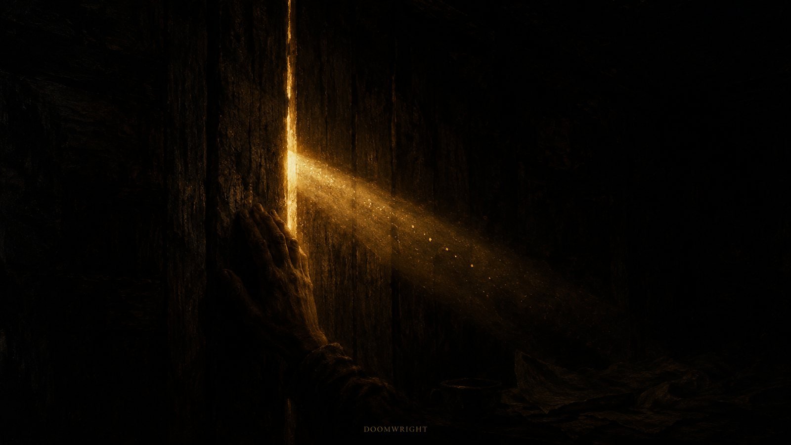 A misshapen hand pressed to a glowing seam in a wall, light spilling through