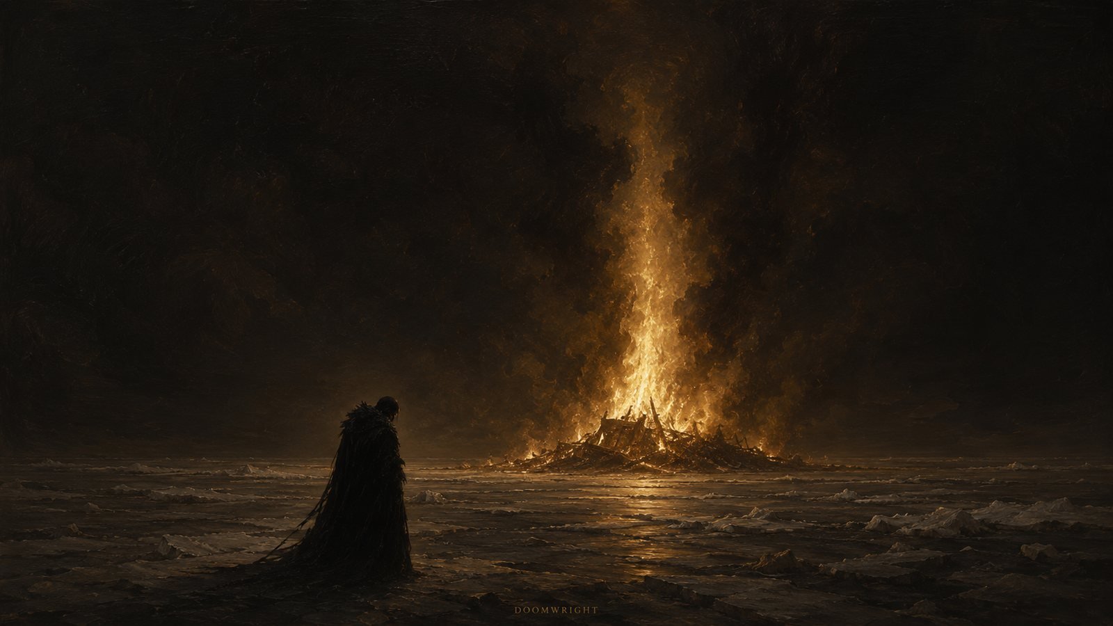 A hooded figure standing before a towering funeral pyre on the arctic ice