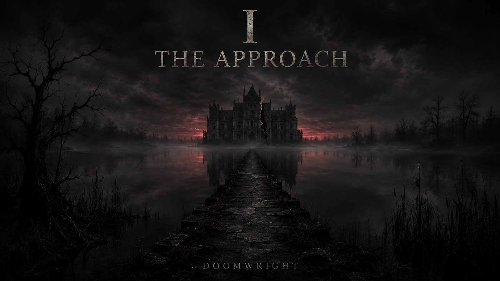 Title card — A decaying gothic mansion mirrored in a black tarn at the end of a long causeway, red light behind it, captioned 'I · The Approach'