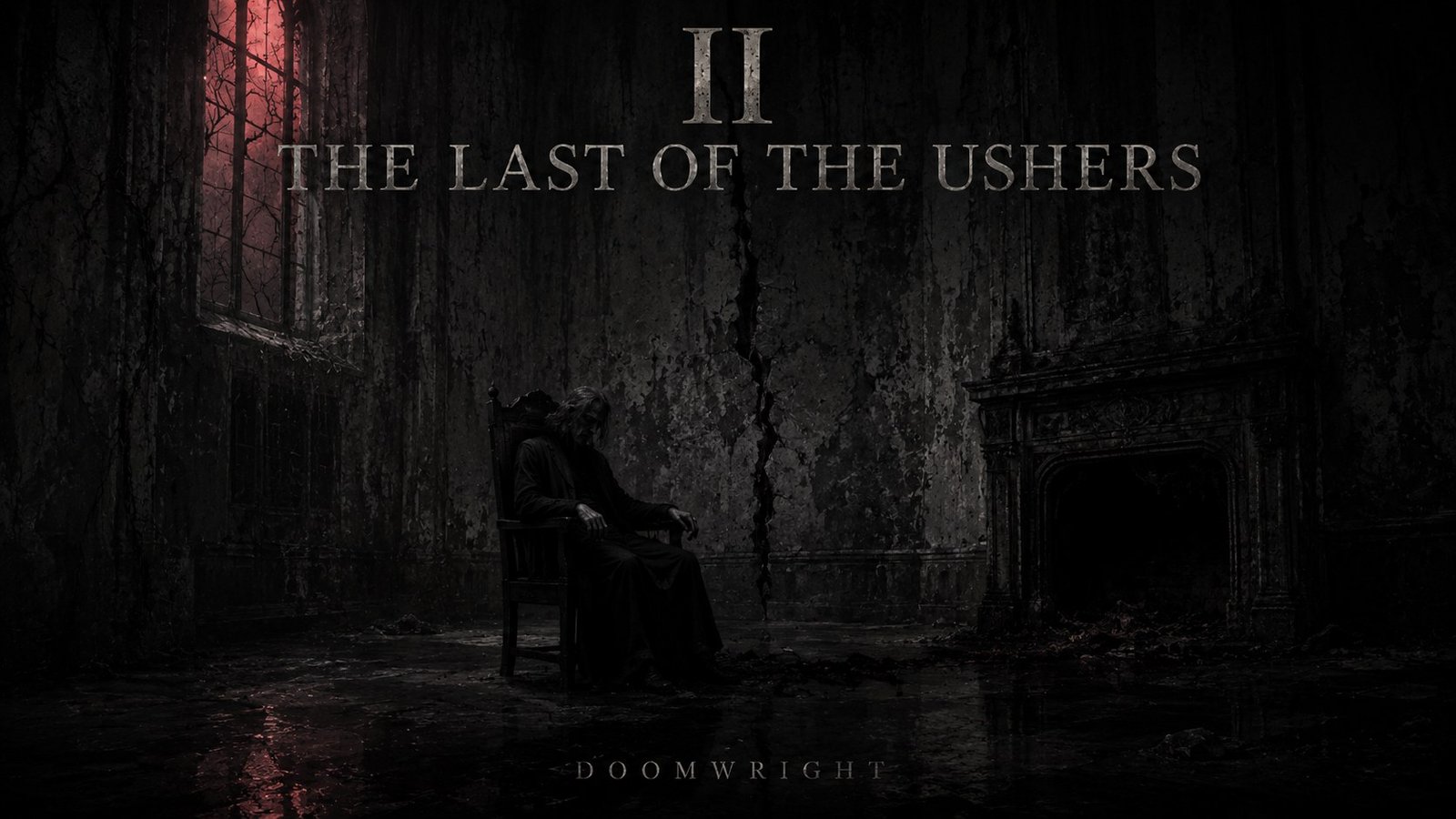 Title card — A frail man slumped in a chair in a ruined hall, a blood-red window and cold hearth, captioned 'II · The Last of the Ushers'