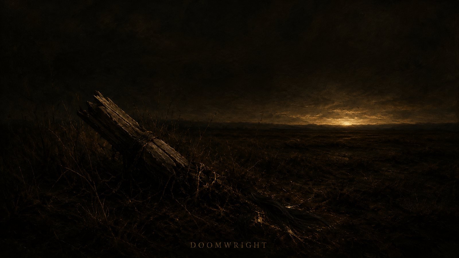 A broken fence-post on the dark steppe under a faint band of light on the horizon