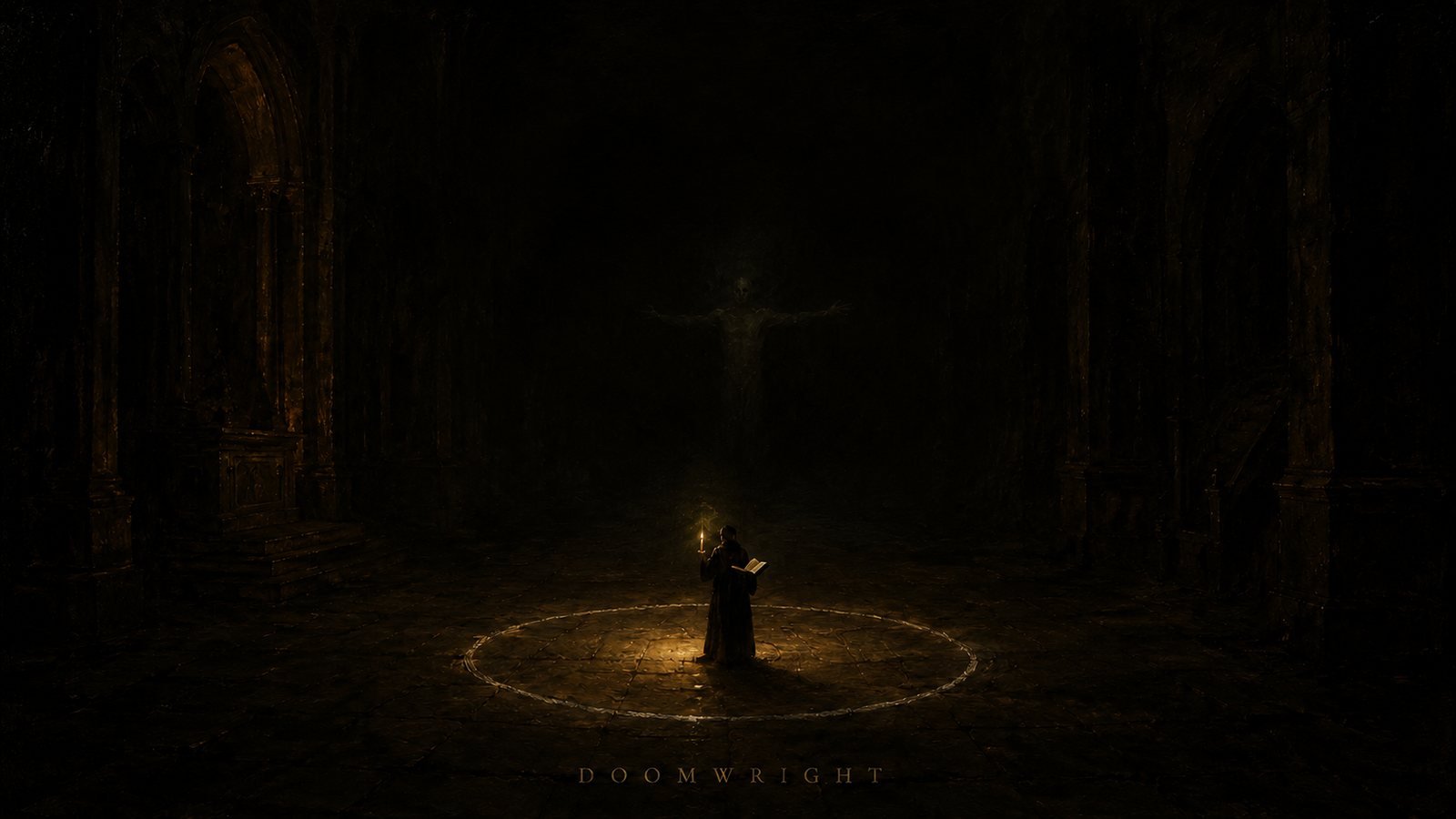 A lone figure reading by candlelight inside a glowing chalk circle, a faint spectral shape in the dark church