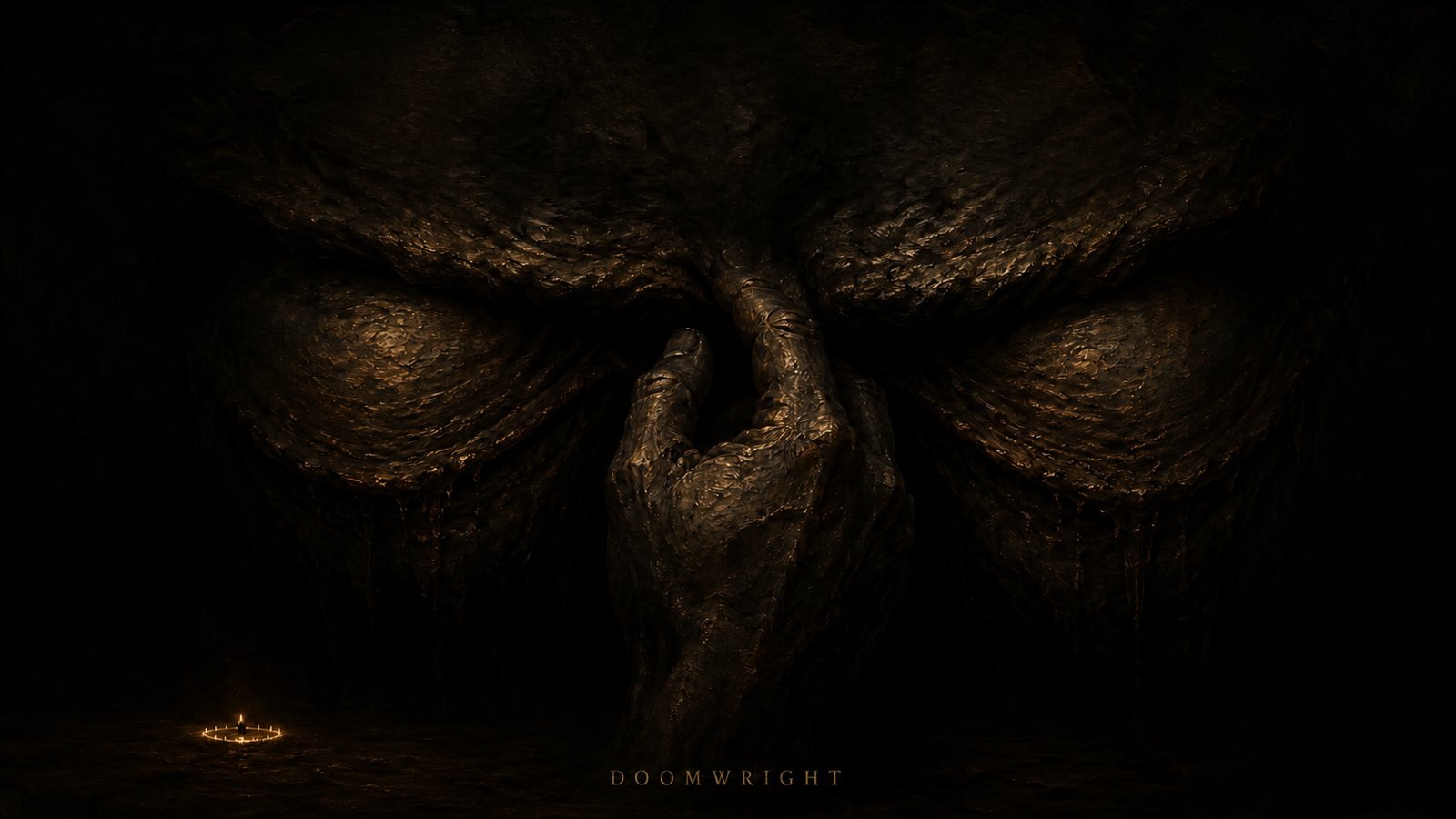 A colossal iron-faced form with enormous drooping eyelids held up by a monstrous hand, a tiny candle circle far below