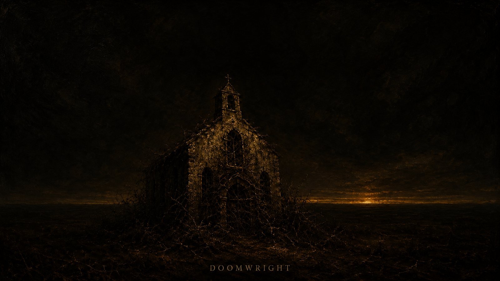 A ruined church swallowed by thorns on a dark plain, a faint sunset on the horizon