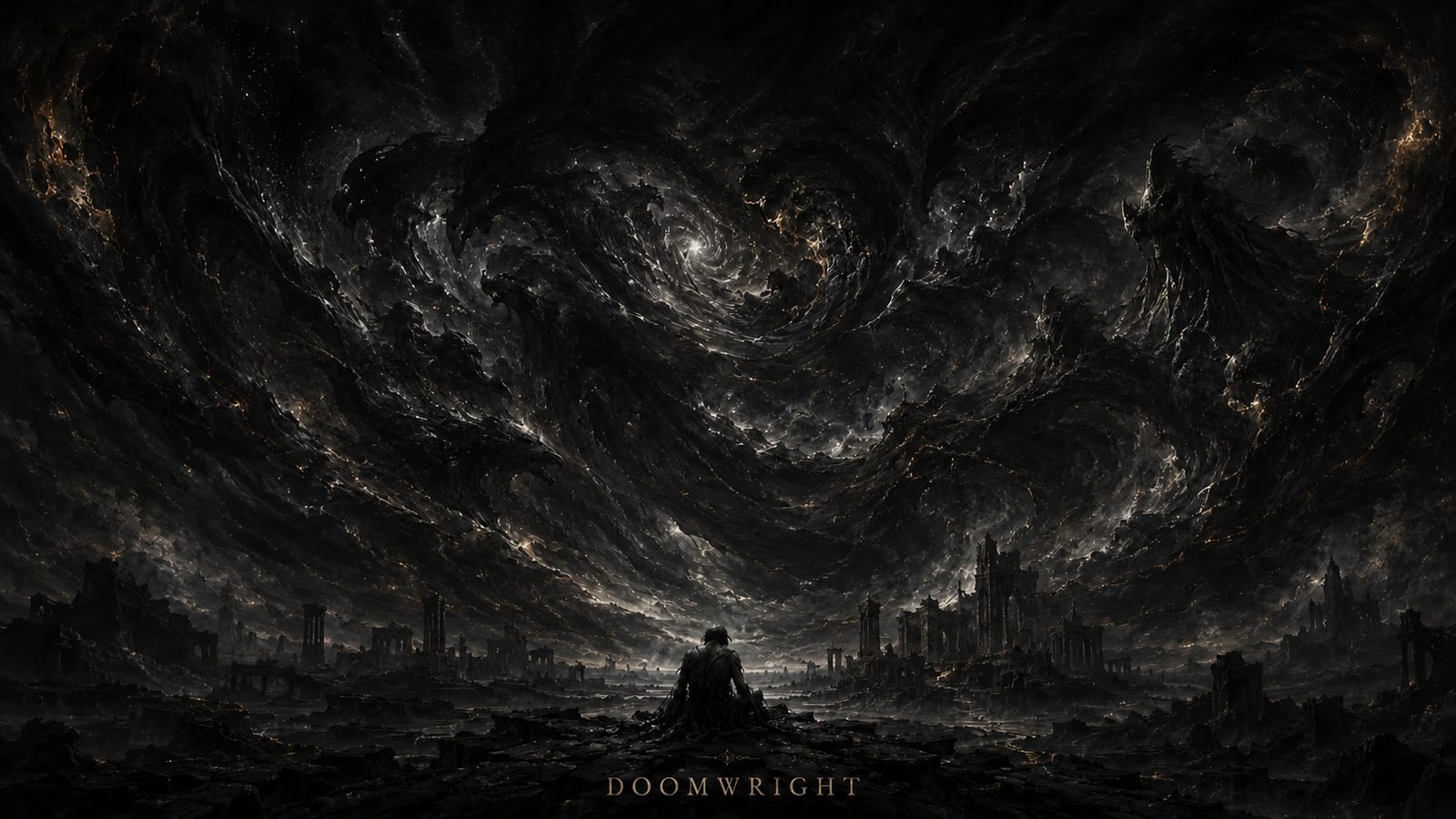 A lone man seated small before an immense swirling nebula over distant ruins
