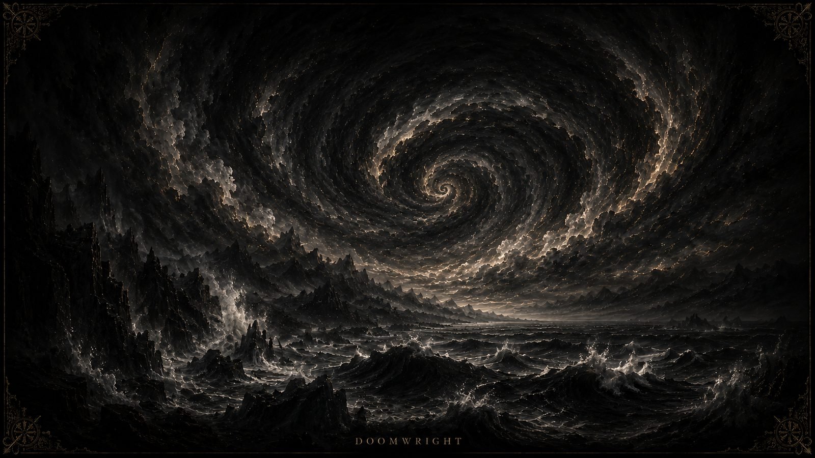 A churning dark sea beneath an enormous spiral galaxy-storm, jagged peaks at the edges