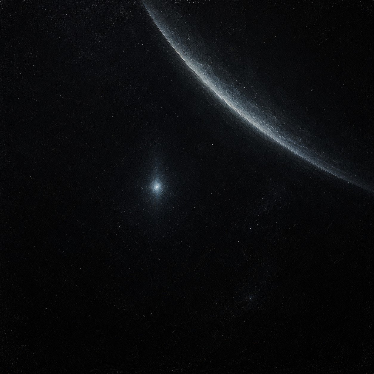 A cold pale arc entering from the upper right and a small bright point at centre, on a near-black field