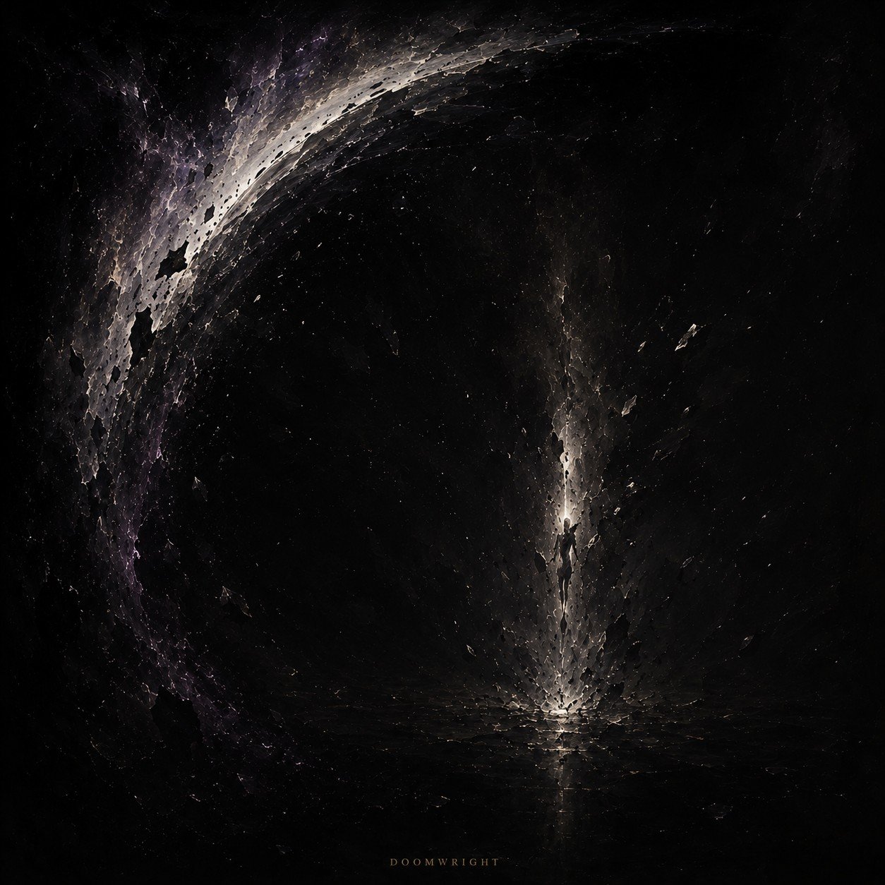 A bright sweeping arc and a luminous figure with a rising column of light, the collision at the centre of the record