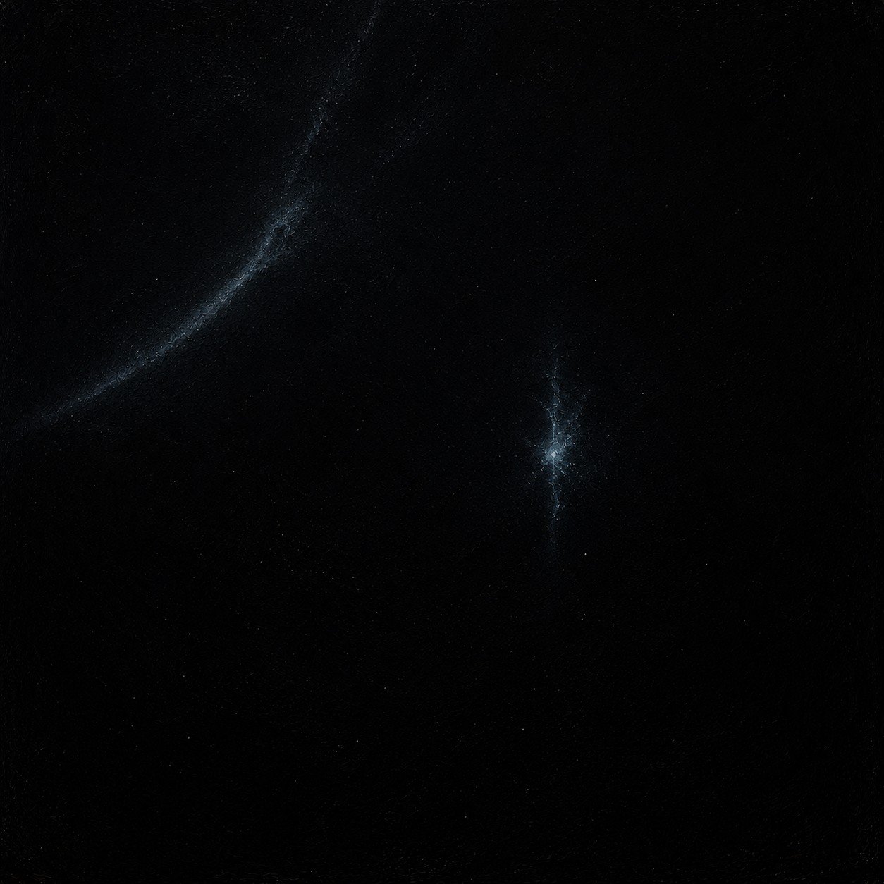 A faint cold arc receding out of the upper left and a dim trace at centre, almost drained to black