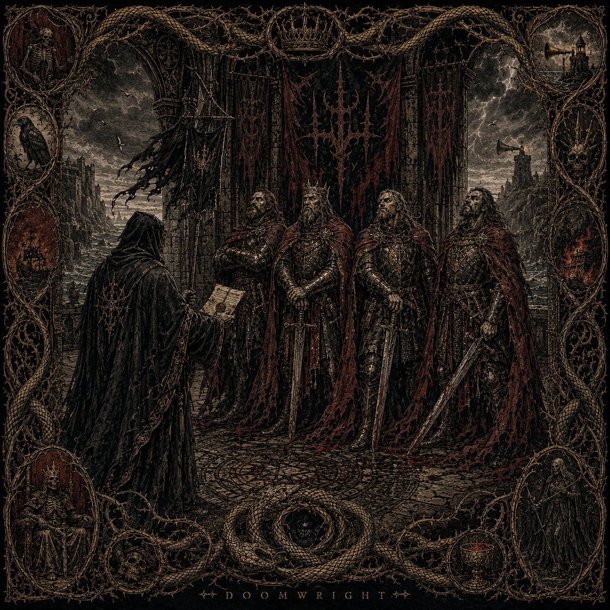Illuminated panel — A cloaked ambassador reading a scroll before four grim kings in a throne hall