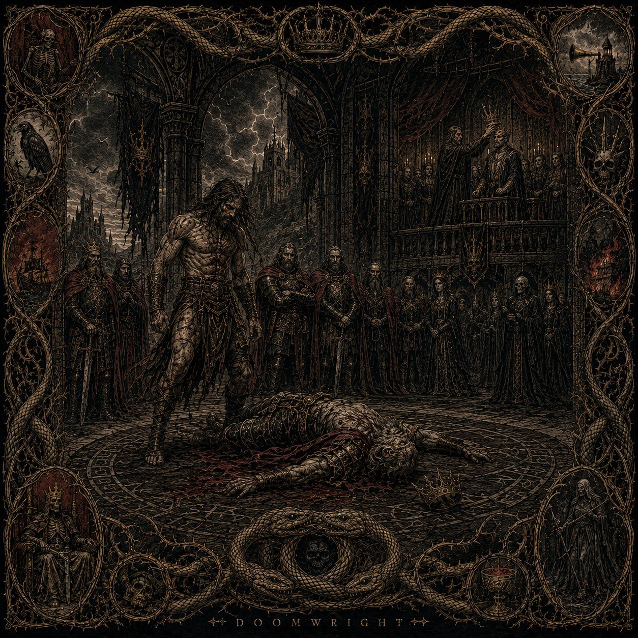 Illuminated panel — A powerful warrior standing over a slain king in a ritual circle as another is crowned