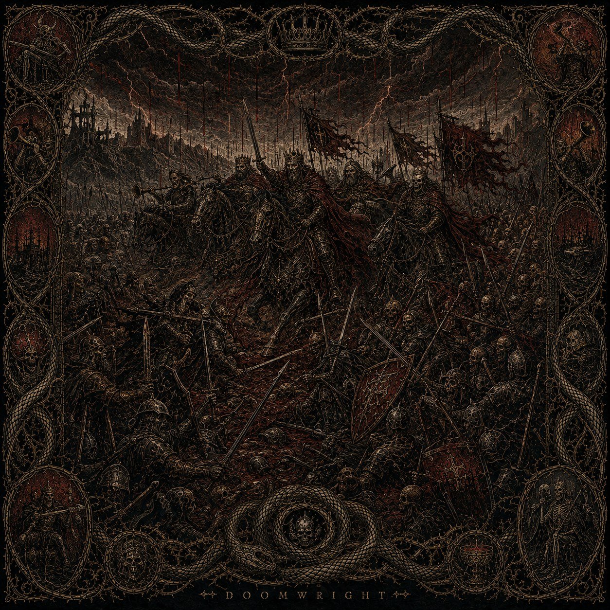 Illuminated panel — Crowned kings on horseback with banners above a vast field of the slain