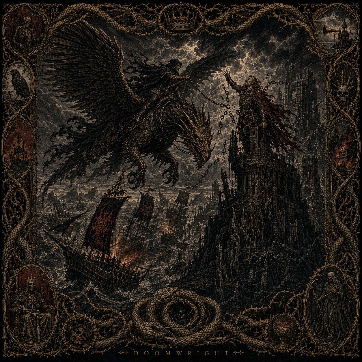 Illuminated panel — A rider on a great winged beast in a storming sky, a lord chained upon a crag