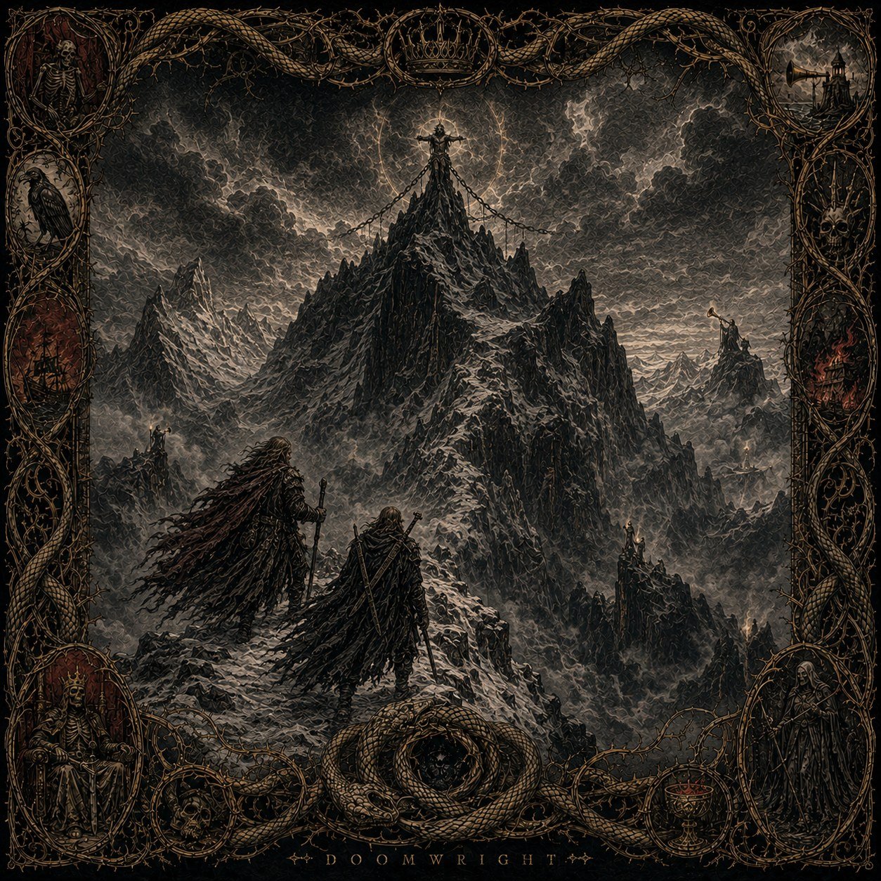 Illuminated panel — Two figures climbing toward a bound figure at the peak of an immense black mountain